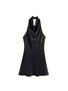 2026 Verão Mulheres Alça Fina Mini Regata Halter, Material de Cetim Sexy e Elegante com Design Decotado nas Costas de Cor Sólida, Casual Elegante para Festa de Rua Preta - Preto - Visão 5