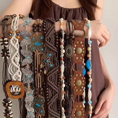1 Piece Of Bohemian-Style Western Cowboy Layered Tassel Belt - A Retro Decadent Y2K Aesthetic Girly Wide Belt, Decorated With Turquoise Beads And Beaded Tassels, A Fashionable Fairy-Tale And Pastoral Style Waist Accessory, Suitable For Music Festivals, Vacations, Beaches And Daily Street Wear