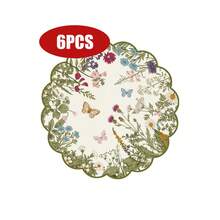 1 pieza/Set Mantel individual redondo de lino con estampado floral y de mariposas en verde, de 38cm, decoración de mesa de cocina y comedor de temporada, decoración del hogar de primavera, boda - Multicolor - Ver 10