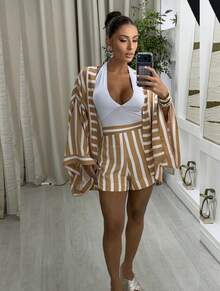 Women's Kimono And Shorts Set - Mocha Brown - View 4