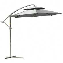 Cantilever Parasol Ø2.67 X 2.45 M, Crank Operated, Double Canopy, Cross Base, Steel Frame, Outdoor Sun Protection, Polyester Canopy, Light Grey - Grey - View 1