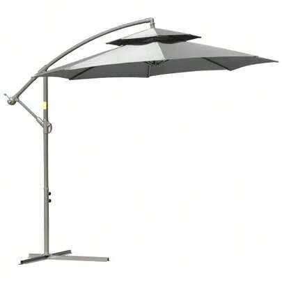Cantilever Parasol Ø2.67 X 2.45 M, Crank Operated, Double Canopy, Cross Base, Steel Frame, Outdoor Sun Protection, Polyester Canopy, Light Grey