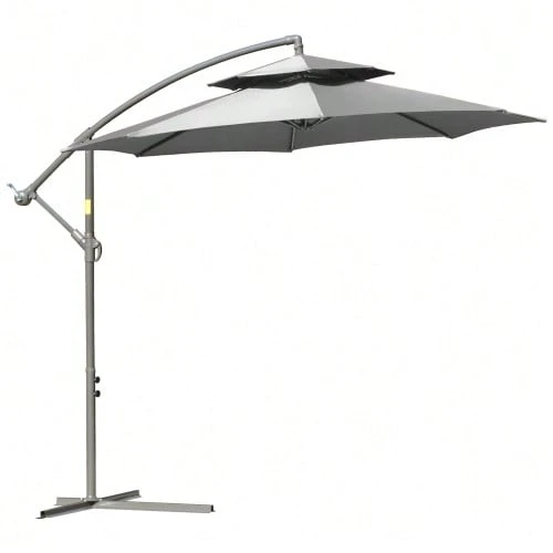Cantilever Parasol Ø2.67 X 2.45 M, Crank Operated, Double Canopy, Cross Base, Steel Frame, Outdoor Sun Protection, Polyester Canopy, Light Grey - Grey - View 1