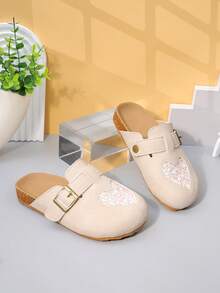 1 Pair Girls' Beige Suede Sparkling Diamond Heart Pattern Mule Shoes, Closed Flat, Comfortable & Cute, Casual Everyday Wear - Beige - View 2