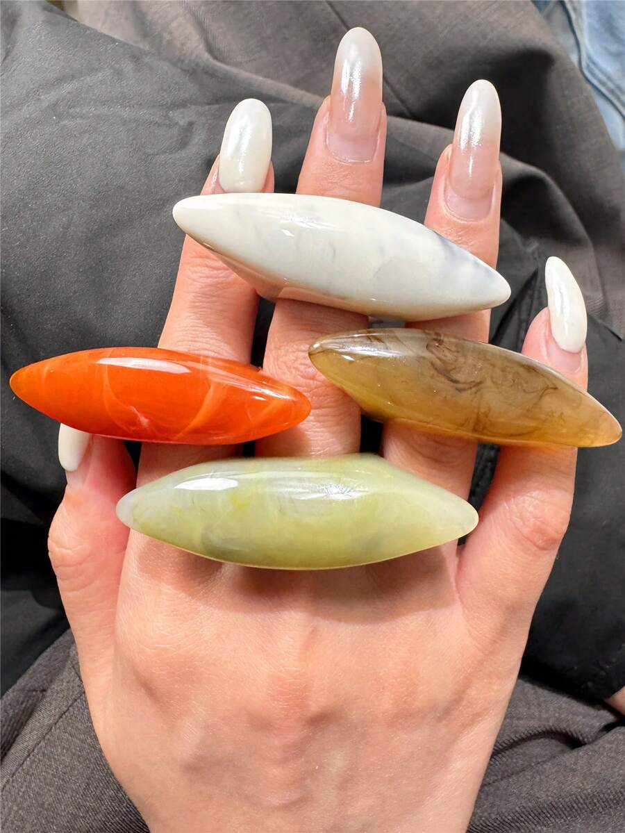 4件套复古不对称超大树脂戒指套装，彩色长椭圆形戒指，适合日常佩戴、派对和度假。 - 彩色 - 查看 1