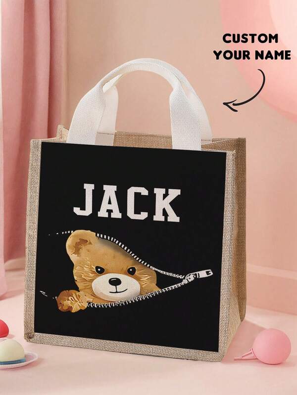 1pc Customized Cartoon Bear Pattern Small Handbag, Can Be Customized According To Your Unique Design, Suitable For Children And Teenagers, Print Your Own Name Or Print Your Sister And Classmates' Names As Gifts