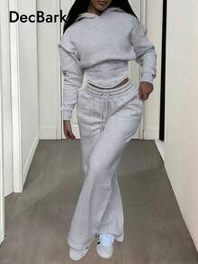 2 Stücke einfarbiges Kapuzen-Fischgräten-Zugband Sweatshirt Set Frühling - Hellgrau - Übersicht 1