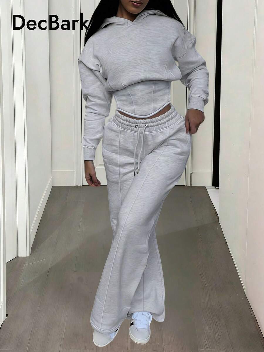 2 Stücke einfarbiges Kapuzen-Fischgräten-Zugband Sweatshirt Set Frühling - Hellgrau - Übersicht 1