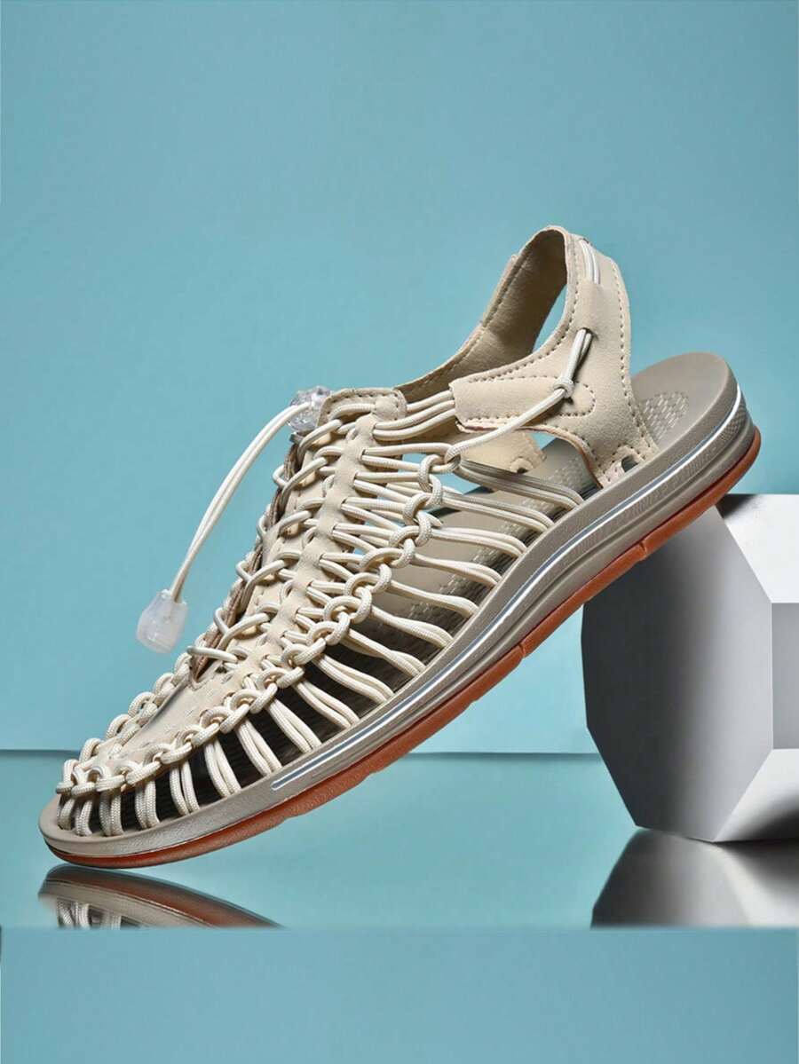 Handmade Woven Sandals, Unisex Summer Beach Shoes, Men & Women Outdoor Roman Amphibious Breathable Slip-On Slippers, Casual Driving, Hollow, Water-Wading, Hiking, Non-Slip, Travel, Stream Crossing Shoes - Beige - View 1