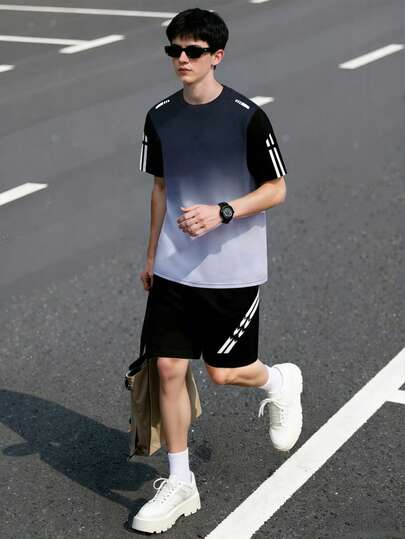 Teenager's Spring/Summer 2-Piece Set, Black & Purple Ombre T-Shirt With White Line Decor And Matching Printed Shorts, Futuristic Sporty Casual Outfit Suitable For Daily Wear, Campus Activities, Sports & Leisure