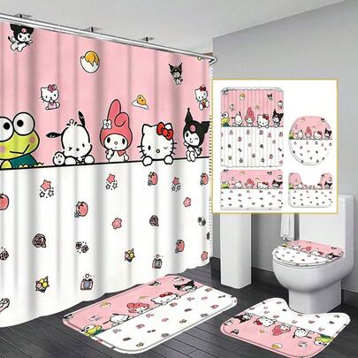 1pc Cartoon Shower Curtain Set, Polyester Animal Themed Bathroom Decor With Non-Slip Mat And Toilet Seat Cover, Machine Washable, Includes Hooks