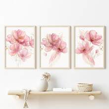 3 piezas Impresiones de lienzo con flores elegantes doradas, rosas y grises | Arte de pared botánico moderno para dormitorio, sala de estar u oficina, póster de plantas abstractas, regalo para ella, sin marco - Multicolor - Ver 3