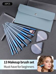 13件套蓝色化妆刷套装，含多功能收纳袋、化妆海绵套装、柔软蓬松的粉底腮红修容眼影化妆工具，方便旅行携带，节日礼物 - 霧霾藍 - 查看 3