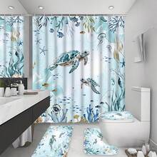 Set Tirai Mandi Motif Penyu Laut 1/4 buah, Dekorasi Kamar Mandi Gaya Pantai Laut Biru & Hijau, Tirai Mandi Poliester Tahan Air Ukuran 70,8*70,8 Inci dengan 12 Pengait - A - View 10