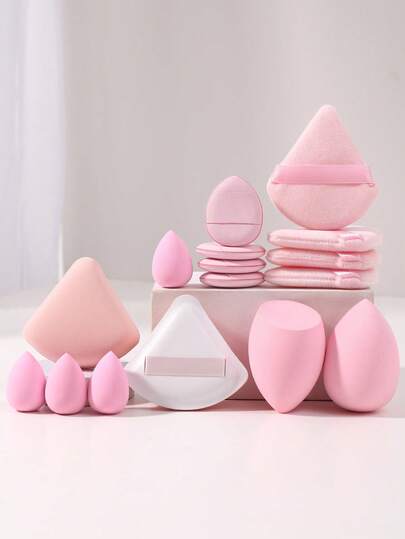 16件套化妆工具套装，包括：2个化妆海绵+4个迷你化妆海绵+4个三角粉扑+4个迷你气垫粉扑+2个气垫粉扑