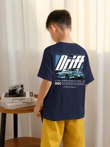 男童休闲印花圆领短袖T恤，夏季上衣 - 藏蓝色 - 查看 2