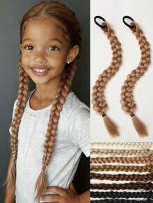 Chic Brown & Black & Gold Double Twist Braid Ponytail Extension - Synthetic Hair For Kids, Perfect For Daily Wear & Parties 2pcs - Multicolor - View 16