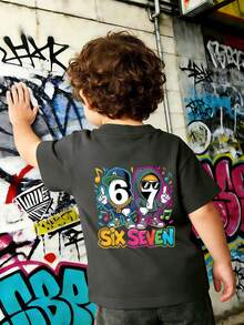 Young Boy Casual Graphic Print Crew Neck Short Sleeve T-Shirt, Summer Top - Dark Grey - View 1