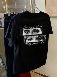 Camiseta vintage para mujer con estampado de ojos en blanco y negro "Los ojos nunca mienten", 97% algodón acanalado, ajustada, de alta elasticidad, estilo deportivo liso. - Negro - Ver 3