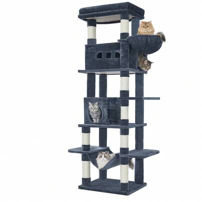 HEXCELEN 210 Cm Large Cat Tower For Indoor Cats,Cat Tree, Multi-Level Cat House With Condo, 8 Scratching Posts, Hammock
