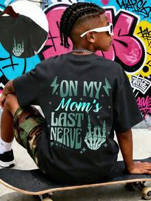 Tween Boy "ON MY MOM'S LAST NERVE" Letter Print T-Shirt, Suitable For Casual, Streetwear, School, Events, Family Gatherings, Fashionable Boys' Summer Top - Dark Grey - View 5