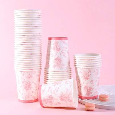 10 pièces/20 pièces/40 pièces Gobelets en papier à motif floral rose, gobelets en papier jetables de 9 oz avec impression florale rose et blanche, style chinois, convenant aux boissons chaudes et froides, idéal pour mariage, baby shower, anniversaire et plus