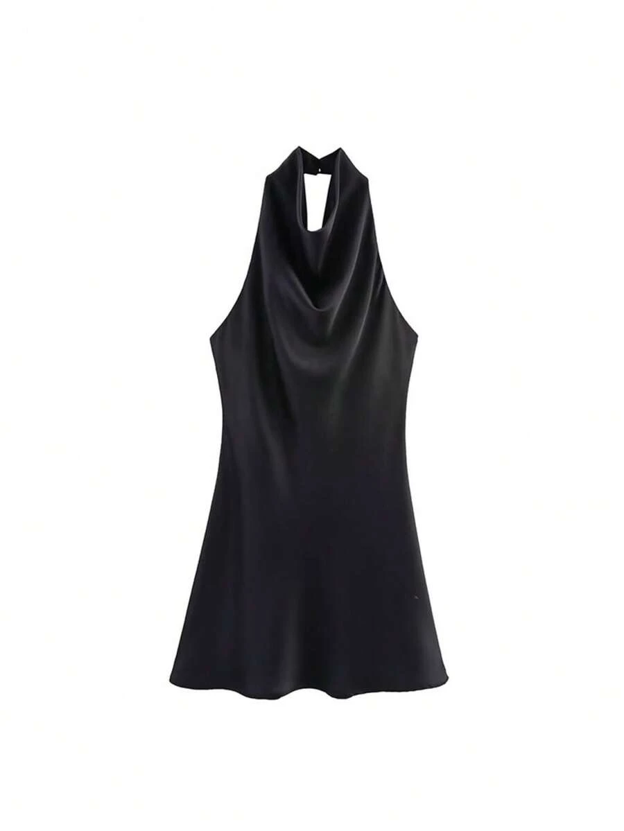 2026 Verão Mulheres Alça Fina Mini Regata Halter, Material de Cetim Sexy e Elegante com Design Decotado nas Costas de Cor Sólida, Casual Elegante para Festa de Rua Preta - Preto - Visão 1