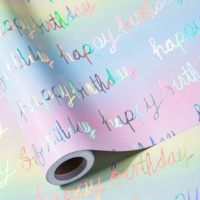 1 Roll Girl's Birthday Wrapping Paper | 17" X 120" Large Roll Pink/Purple/Rainbow With Soft Glitter And "Happy Birthday" Text - Suitable For 4-6 Year Old Girls Birthday Party, Christmas, DIY And Gift Wrapping