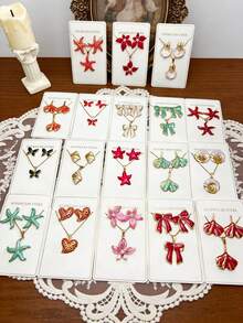 30件/10套优雅不锈钢镀金耳环项链套装 - 低过敏性首饰，完美的节日礼物，送给女性朋友和家人的最佳选择 - 彩色 - 查看 11