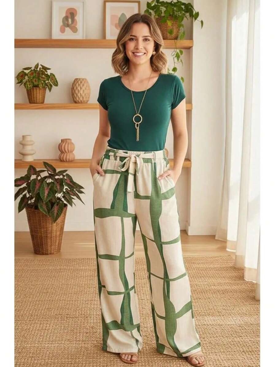 Printed High-Waisted Palazzo Pants With Pockets, Lining And Ties - Pantalones Green Waves - Ver 1