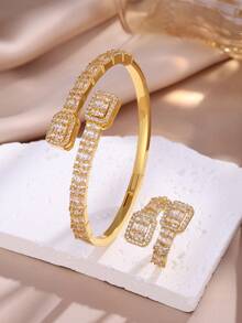 2pcs Sparkling Elegant Square Cubic Zirconia Bracelet And Ring Set, Suitable For Formal Events And Parties - Square - View 3