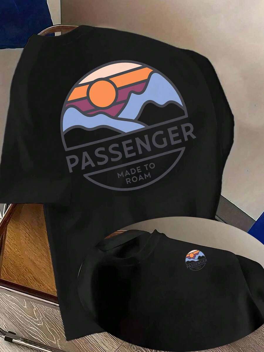 Men's Passenger Outdoor Mountain Pattern T-Shirt, Casual Pure Cotton Crew Neck Sweatshirt, Comfortable, Soft And Breathable Short-Sleeved Top, Suitable For Commuting, Parties, Outdoor Activities And Sports. - Black - View 1