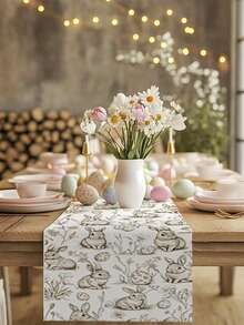 1pc Easter Table Runner | Square Table Runner With Rabbit And Egg Patterns, Farmhouse Style, Suitable For Indoor And Outdoor Use In Spring, Great For Home Kitchen Decor - Beige - View 2