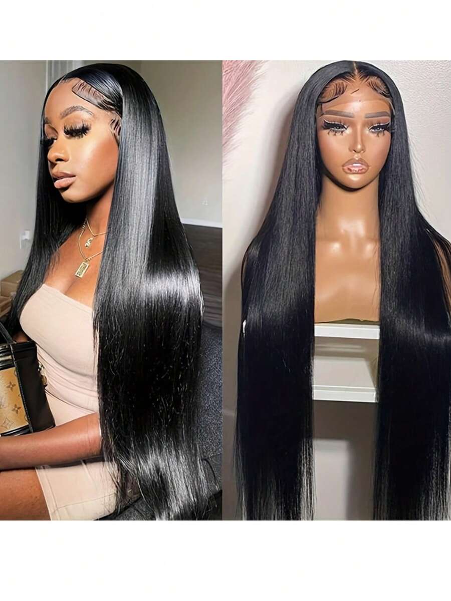 直发无胶假发，180%密度，直发蕾丝前假发，预先拔毛，预先修剪，4x4透明蕾丝闭合，即戴即走，女士假发，自然黑 - Natural Black - 查看 1