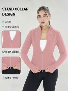 3 Women's Sports Jackets With Thumb Holes, Small Stand Up Collar, Streamlined Zipper Long Sleeved Jacket, Low Impact Yoga Daily Wear - 彩色 - 查看 3