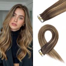 Women's Invisible PU Tape Hair Extensions - Straight Hair, Suitable For Various Hair Types, Medium Brown Highlight Strawberry Blonde, Seamless Natural Look, Volume Increase, Long-Lasting Tape-In Hair Extensions - S4/27/4 - View 1