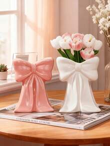 1 pieza Jarrón de cerámica, Jarrón con lazo rosa, Organizador de bolígrafos y brochas de maquillaje, Regalo de decoración de diseño moderno, Almacenamiento para el hogar y la oficina, Decoración de mesa de café (rosa/blanco) Jarrón de estilo bohemio, Decoración moderna para sala de estar, entrada, mesa de café del hogar, Decoración central para mesa de café de sala de estar y dormitorio, Regalo del Día de la Madre, Decoración de Pascua - Múltiples estilos - Ver 8