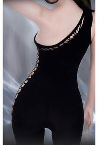 1pc Sexy Lingerie Fishnet Jumpsuit, Side Hollow Sheer Shoulder Jumpsuit, Tight Fitting Bodycon Pants, Alluring Office Temptation, Minimalist Sexy Cosplay For Party, Photo Shoot, Role Play Black - Black - View 5