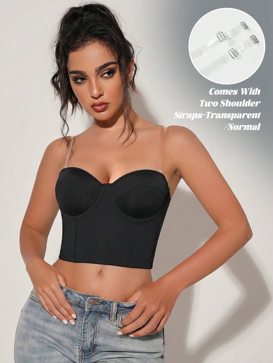 Women's Strapless Bandeau Crop Top - Detachable Straps, Suitable For Vacation Wear - Black - View 1