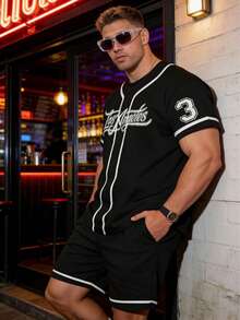 2pcs/Set Men's Plus Size Black Geometric Letter Print Drawstring Waist Casual Sports Shorts & Short Sleeve T-Shirt Set, 100% Polyester - Multicolor - View 4