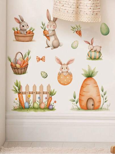 1 件可移除复活节卡通兔子和胡萝卜房子墙贴，适用于卧室、客厅装饰