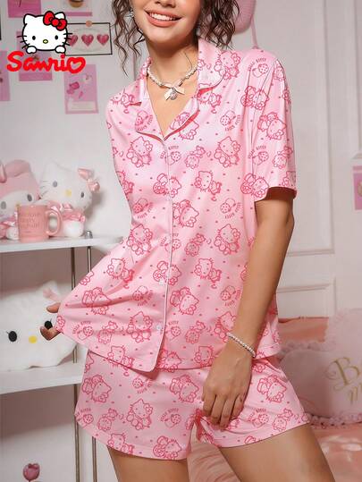  Pajamoom 2pcs Sanrio Hello Kitty Women's Pajama Set, Hello Kitty Digital Print Pajama Shirt With Collar And Buttons, Pink Short Sleeve Shorts Pajama, Cute Sleepwear Loungewear Set