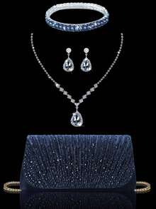 Sparkling Rhinestone Flap Evening Bag, Elegant Pleated Clutch Purse For Party, Comes With 3 Pieces Rhinestone Jewelry Set - Pendant Necklace, Earrings, Bracelet, Suitable For Party, Gala, Gathering, Ball, Wedding And Other Occasions - 藏蓝色 - 查看 9