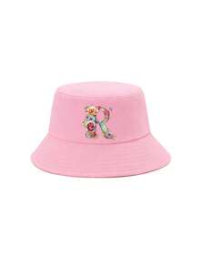 1顶女童粉色花卉字母图案渔夫帽，26个字母个性化时尚款，复古优雅轻便防晒，适合生日、节日、返校、四季休闲、户外、日常佩戴 - 粉色 - 查看 47