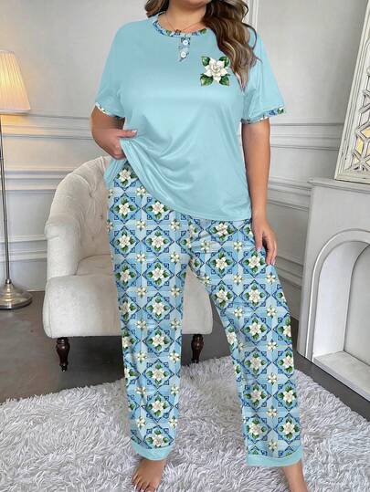 大码女式时尚睡衣套装，拼接设计仿纽扣，摩洛哥风格茉莉花印花刺绣圆领短袖上衣+全印花长裤两件套休闲套装