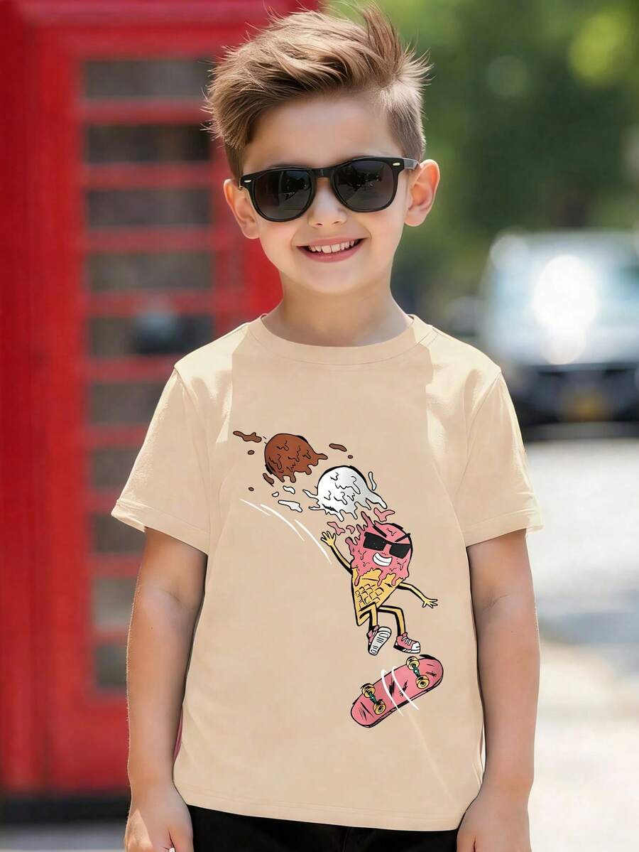 Boys' Casual Summer Abstract Skateboard & Ice Cream Print Short Sleeve T-Shirt, Cool Style, Student Teenager Artistic Tee, Boys Clothing - Apricot - View 1
