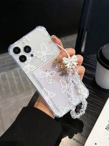 1个白色蝴蝶UV印花图案透明卡包手机壳，配有蝴蝶结珠子腕带，兼容 17/16/15/14/13/12/11/X，柔软TPU保护壳，创意图案，是情人节、生日、圣诞节、万圣节、送给男友、父母、家人、朋友的理想礼物。 - 彩色 - 查看 2