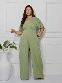 Women's Plus Size Plain Long Jumpsuit, Wide Leg, Short Sleeve, V-Neck, Ruched Front, Comfortable - Verde Oliva - Ver 1