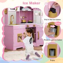 Pretend Play Kitchen For Kids Toddler Aged 3+ Wooden Toy Set With Range Hood White/Brown - Pink - View 3