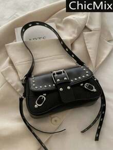 Y2K Fashion Vintage Rivet Women's Shoulder Bag, Crescent Shaped Crossbody Bag, Casual Daily Shoulder Bag Suitable For Shopping, Wallet, Young Women, College Students, Beginners And Office Ladies. It's Perfect For Office, University, Work, Business, Commuting, Outdoor, Travel And Hiking , Vintage Bag - 黑色 - 查看 3